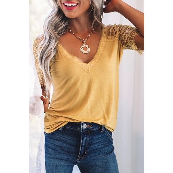 POL Golden Yellow V Neck Lace Sleeve Rayon Jersey Tee - Picture 5 of 7